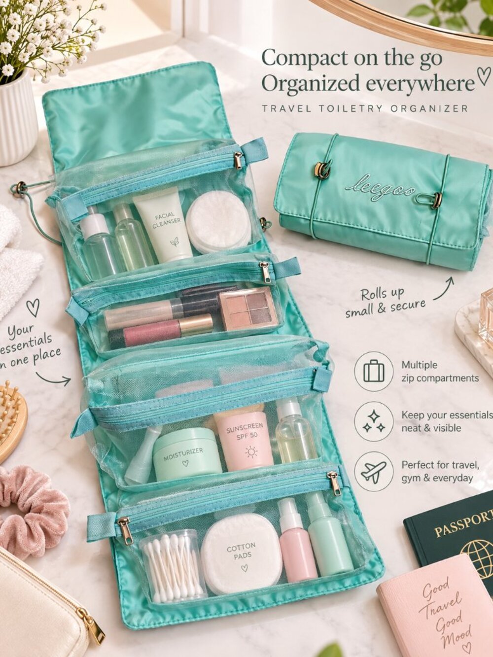 4-in-1 Makeup Travel Bag Detachable Organizer 4 Mesh Pouches